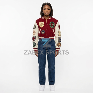 Custom Women's College <b>RED</b> COLOUR Style Varsity Jacket Embroidered Patch <b>Cropped</b> Fashion Jacket Wholesale Manufacturer - Product Image 6