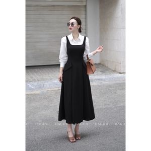 Robe longue de bureau noire unie à col carré, taille naturelle, coupe trapèze, tissée, pour l'été [V173] - Product Image 3
