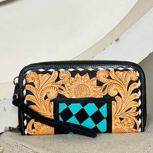 2026 Custom Hand Tooled Genuine Leather Clutch Wallet Western Floral Design Checkered Pattern Wristlet Zipper <b>Purse</b> for Women - Product Image 2