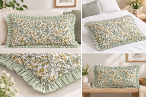 Funda de Almohada Lumbar RIDHI con Volantes Florales Estilo Occidental, Color Amarillo Dorado, Estampado a Mano, Algodón, Personalizable, con Cierre Extraíble - Product Image 3