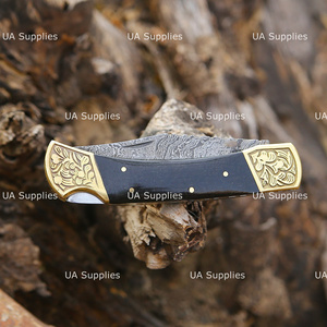 UA Supplies Industrial Grade Damascus Steel Folding Pocket Knife Hand Engraved Brass Bolster Handmade Micarta Handle OEM Private - Product Image 3