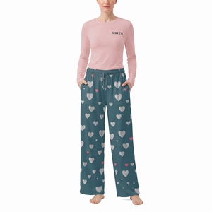 Women's Heart Print Pajama Set Long Sleeve O <b>Neck</b> Top Matching Long Pants Soft Elastic Waist Full Length Sleepwear - Product Image 4