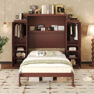 Lit Murphy en bois taille Queen avec 2 armoires de rangement, lit plateforme pliable multifonctionnel - Product Image 2