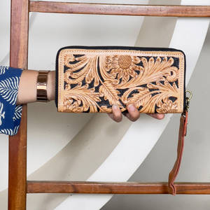 Portefeuilles pour femmes avec motif tournesol, de haute qualité, faits à la main, en cuir véritable, porte-cartes de crédit, avec bracelet détachable - Product Image 2