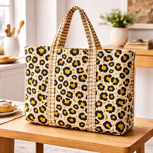 Yellow Leopard Print Cotton Tote Bag Large Capacity Reusable Shopping Bag Eco Friendly Women Shoulder Handbag Wholesale - Product Image 1
