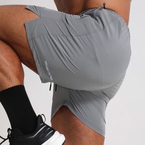 Men's Solid Gray Quick Dry Sport Shorts Mid <b>Waist</b> Drawstring Closure With Side Pockets Woven Polyester Fabric - Product Image 3