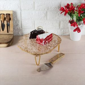 Irregular Resin Eco-Friendly Non-Stick Cake Platter with Gold Legs Natural Edge Design Handmade Cake Stand - Product Image 1