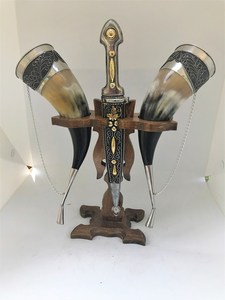 Customized Viking Horn Beer <b>Mugs</b> With Wooden Stand And Sword Holder Floral Pattern <b>Gold</b> Plated Vintage Style For Party Adult Use - Product Image 3
