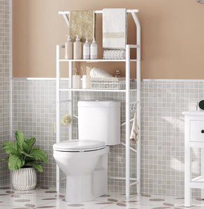 Modern Industrial Wood Metal Three-Layer Bathroom Storage <b>Rack</b> with Hanging Rod 6 Hooks Foldable Waterproof Space Saving <b>Shelf</b> - Product Image 3