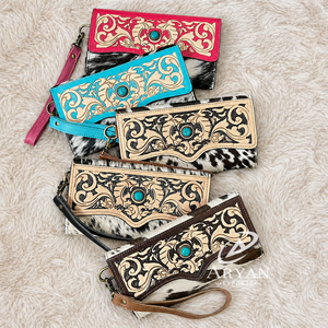 Custom Handcrafted Real Genuine Cowhide Leather Wallet Clutch with Turquoise Stone Tooled Floral Design Wristlet <b>Purse</b> for Women - Product Image 1
