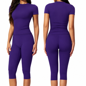 Conjunto de Yoga para Mujer, Sin Costuras, Transpirable, de Cintura Alta, Moldeador, de Secado Rápido, para Gimnasio, Fitness, Ropa Deportiva, Conjunto de Shorts de Ciclismo - Product Image 1