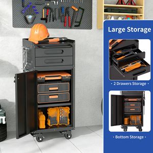 Armadietto Portautensili Sottile da 34,3 Pollici con Ruote, in Metallo, per Garage, con Porta Bloccabile e 2 Cassetti - Product Image 5