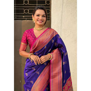 Sari en soie Paithani Yeola violet tissé Zari Elite Weaves avec contraste, robe de soirée élégante - Product Image 3