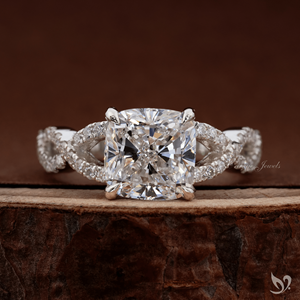 Anillo de compromiso de oro blanco de 10K con diamante de laboratorio de corte cojín de 3 quilates y banda pavé retorcida, certificado IGI - Product Image 1