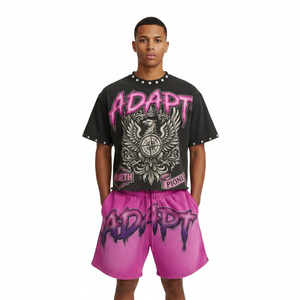 Ensemble T-shirt et short streetwear noir et rose, col rond, manches courtes, imprimé, unisexe, tenue décontractée d'été - Product Image 4