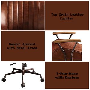 Sedia da ufficio Brancaster in pelle pieno fiore con finitura in alluminio color cacao - Product Image 3