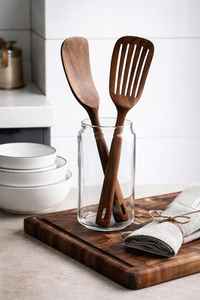 Ensemble d'ustensiles de cuisine japonais en bois antiadhésifs : spatules, cuillères, fourchettes-cuillères et support - Product Image 2