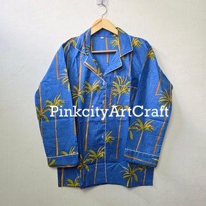 Women Premium Blue Cotton Palm Tree Print Night Suit Set Flock Print Long Sleeve Shirt Pajama Loungewear Spring Summer Autumn - Product Image 3