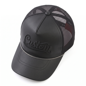 Casquette Trucker en Cuir PU Noir avec Logo Personnalisé, Dos en Maille, 5 Panneaux, Snapback, Visière Zippée, Style Streetwear, Vente en Gros pour Hommes et Femmes - Product Image 4