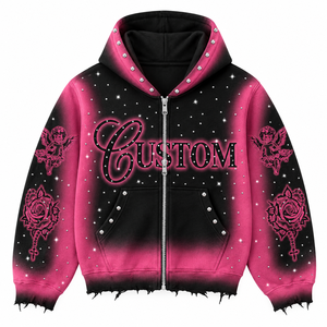 Sweat à capuche zippé personnalisé Y2K avec strass pour homme, coupe ample et épaisse, effet vieilli, motif graphique vintage pulvérisé à l'aérographe, en coton, style streetwear - Product Image 3