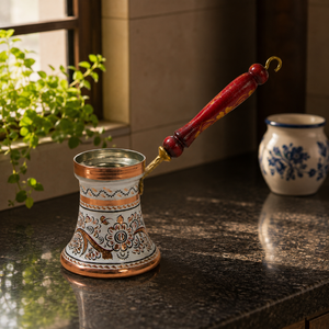 Cafetière turque artisanale en cuivre Cezve Ibrik avec poignée en bois, pour café arabe et grec, finition émaillée, chauffe-thé et expresso - Product Image 4