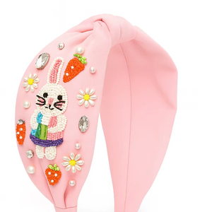 Nouveau serre-tête mignon en perles avec motif lapin, base rose et broderie multicolore, fait main, pour femmes et enfants - Product Image 1