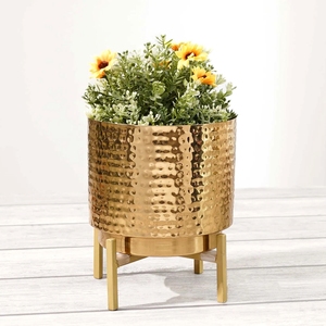 Premium Hand-Hammered Gold Metal Planter Pot with Elevated Brass Finish Metal <b>Stand</b> – Luxury Indoor Container Holder For <b>Plants</b> - Product Image 3