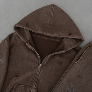 Conjunto Deportivo Marrón Desgastado Personalizado con Sudadera con Cremallera y Pantalones Deportivos Acampanados, Acabado Lavado al Ácido, Tela Suave, Elegante, Unisex - Product Image 4