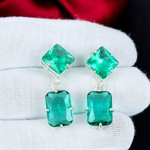Boucles d'oreilles pendantes faites à la main en argent sterling 925 avec émeraude verte taille émeraude, double pierre, style vintage, bijoux fins pour femme - Product Image 6