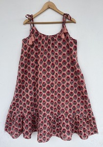 Women Peach Floral Cotton Maxi A-Line Vintage Sundress Tie Shoulder Short Sleeve <b>Ruffle</b> Hem Boutique Wholesale - Product Image 2
