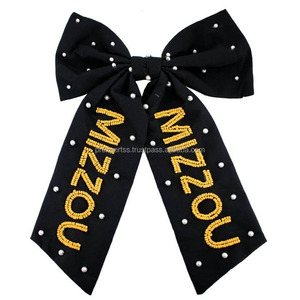 Nœud de cheerleading personnalisé noir et jaune en satin, avec strass et broderie rectangulaire à pois, accessoires capillaires pour l'esprit d'équipe de cheerleading - Product Image 6