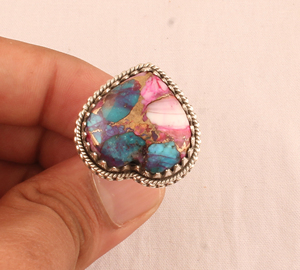 Handmade Pink Oyster Vintage <b>Ring</b> <b>925</b> <b>Silver</b> Brass Mixed Metal Antique Style Oval Cabochon Stone <b>Ring</b> High Quality Artisan - Product Image 1