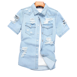 Mens Light Wash <b>Distressed</b> Denim Shirt Short Sleeve Button Down Casual Jean Shirt Two Pocket Summer Streetwear <b>Top</b> Fit - Product Image 1