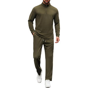 Conjunto Deportivo de Punto para Hombre, Color Verde Oliva, con Cierre de Cremallera de un Cuarto, Ropa Casual para Otoño, Secado Rápido, Color Sólido, Pantalones de Manga Larga - Product Image 1