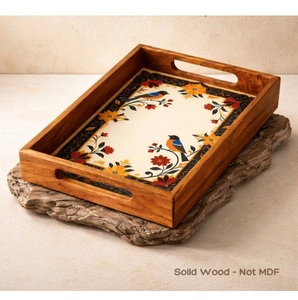 Bandeja Decorativa de Madera con Base de Arte Esmaltado, Bandeja Rústica para Servir con Asas - Product Image 1