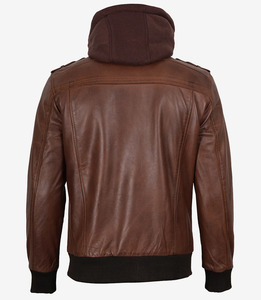 Veste bomber en cuir marron cognac sur mesure pour homme |   Capuche amovible |   Fabricant OEM - Product Image 1