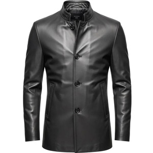 Abrigo de Cuero Negro para Hombre – Abrigo Clásico de Corte Ajustado, Chaqueta de Cuero Genuino con Botones, Abrigo Formal Minimalista de Invierno para Hombre - Product Image 1