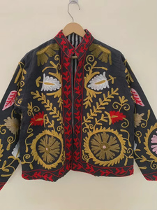 Hand Embroidered Cotton Filled Suzani Velvet Bomber Jacket <b>Reversible</b> Vintage Boho Short <b>Coat</b> Colorful Ethnic Spring/Summer - Product Image 3