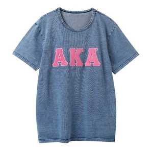 Chemise en denim chenille AKA pour femme, broderie de lettres grecques, col rond, haut décontracté de haute qualité - Product Image 1