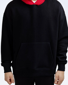 Mens Black Hooded Sweatshirt Oversized Fit Cotton French Terry Pullover with Kangaroo Pocket Casual Long Sleeve Autumn Wear - Product Image 2