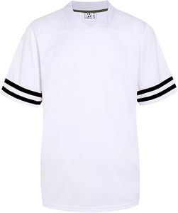 Camiseta blanca de manga corta con rayas negras en las mangas, material de algodón, forma rectangular, ropa informal - Product Image 1
