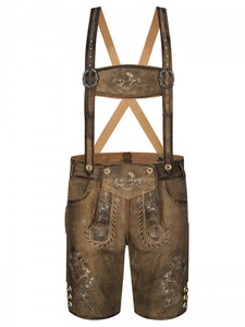 Men's Vintage Brown Embroidered Bavarian Lederhosen Shorts With Cross Back Suspenders - Product Image 1