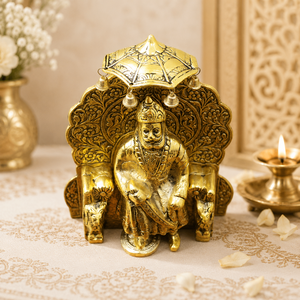 Murti de Khatu Shyam Ji hecho a mano en latón sobre Singhasan con Chhatra, pieza decorativa para el templo y la decoración del hogar. - Product Image 6
