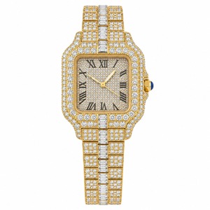 Reloj de lujo unisex con diamantes cuadrados, caja de oro amarillo, movimiento de cuarzo analógico, esfera con números romanos, cristal de zafiro, 44 mm - Product Image 1