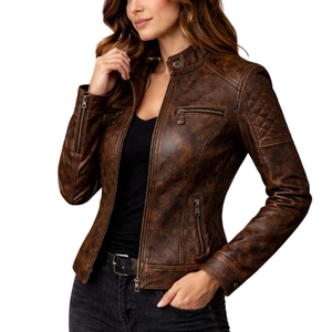 Women’s Brown Genuine Leather <b>Biker</b> <b>Jacket</b> Stand Collar Classic Moto Style Outerwear Women’s Genuine Leather <b>Jacket</b> - Product Image 1