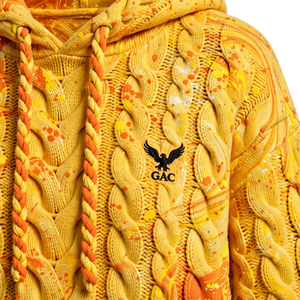 Sweat à capuche tricoté jaune-orange avec imprimé éclaboussures de peinture, cordons tressés, poche kangourou, poignets côtelés, style streetwear décontracté - Product Image 6