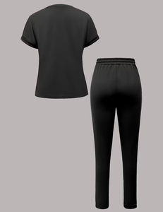 Women 2-Piece <b>Knitted</b> <b>Set</b> Black Short Sleeve Top With Pocket High Waist Pants Sporty Solid Color All Seasons Regular Fit - Product Image 4