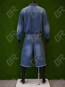 Blue Wash Denim <b>Bomber</b> <b>Jacket</b> Set <b>Vintage</b> Distressed Zip-Up Short Sleeveless Solid Autumn Winter Outerwear Casual Streetwear - Product Image 2