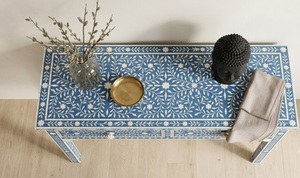 Blue and White Bone Inlay Solid Wood Shaker Door Console Table <b>Desk</b> with Drawers Modern Living Room <b>Cabinet</b> Entryway Furniture - Product Image 2
