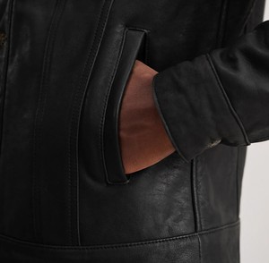 Men's Black Genuine Leather Moto Jacket Turn-down Collar Button Closure Slim Fit Faux <b>Fur</b> Lining Winter Style - Product Image 6